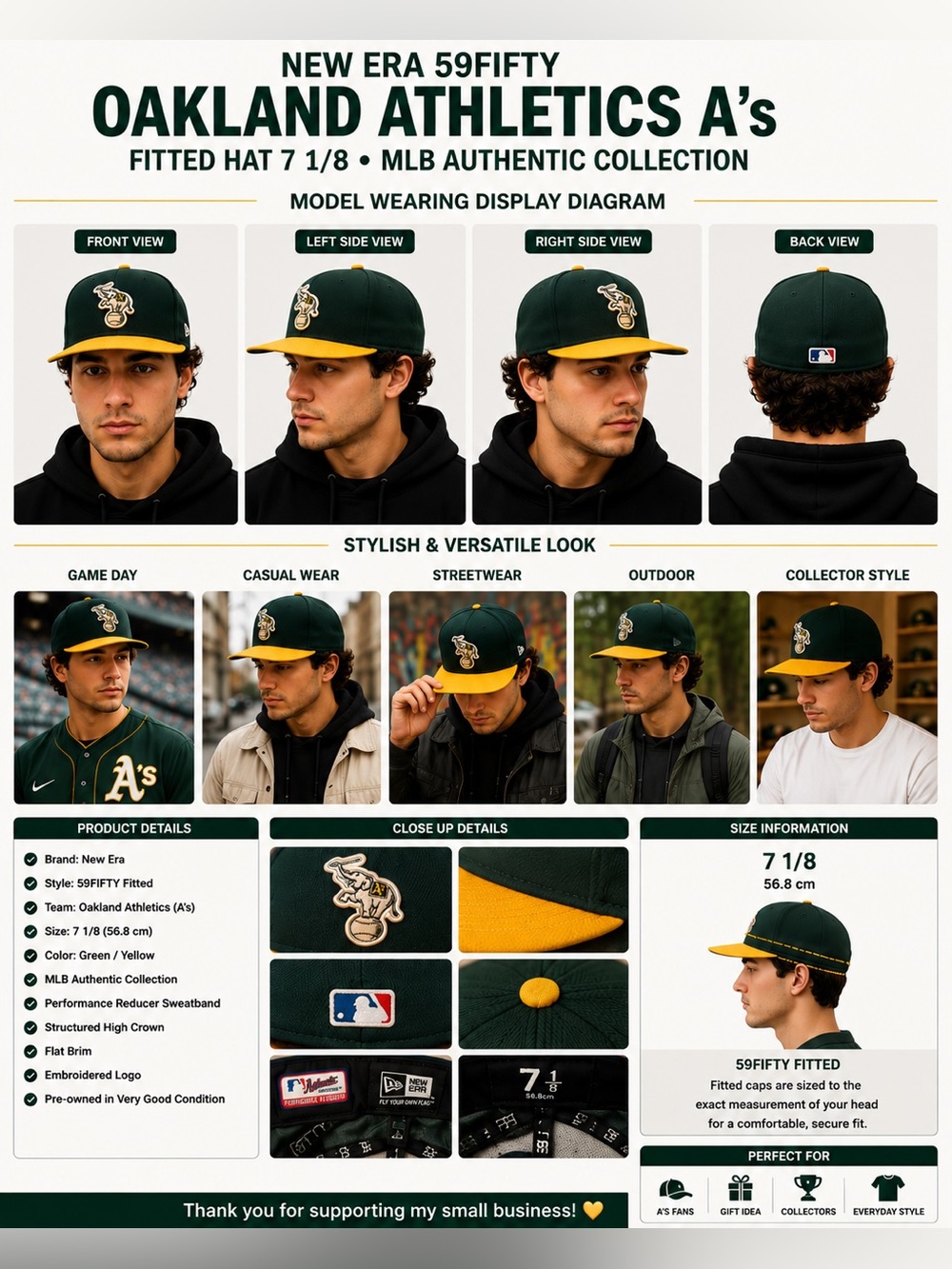 New Era 59FIFTY Oakland Athletics A's Fitted Hat 7 1/8 MLB Green Yellow